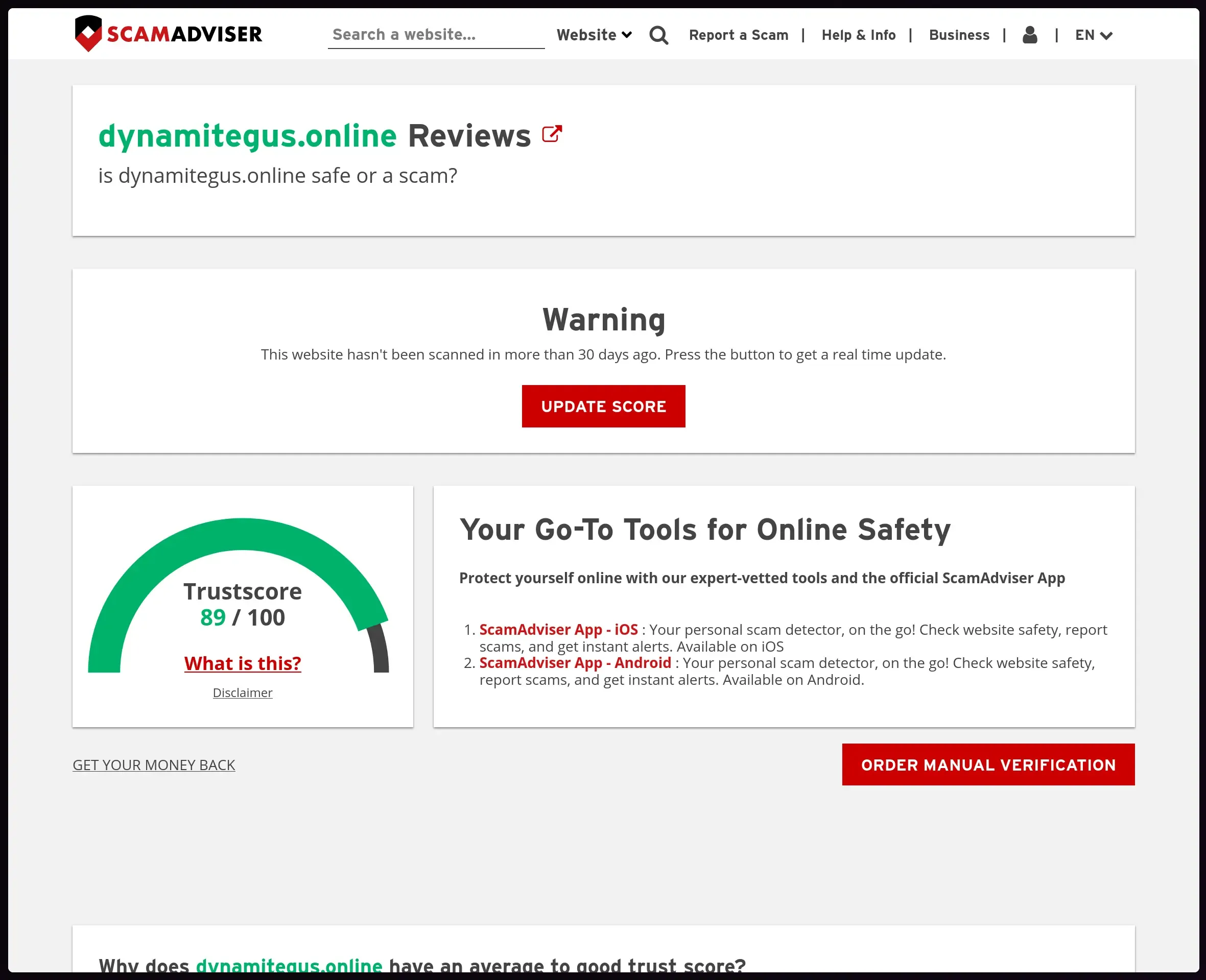 scamadviser.com page for dynamitegus.online